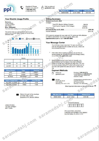 USA Pennsylvania PPL Electric utility bill template in Word and PDF format